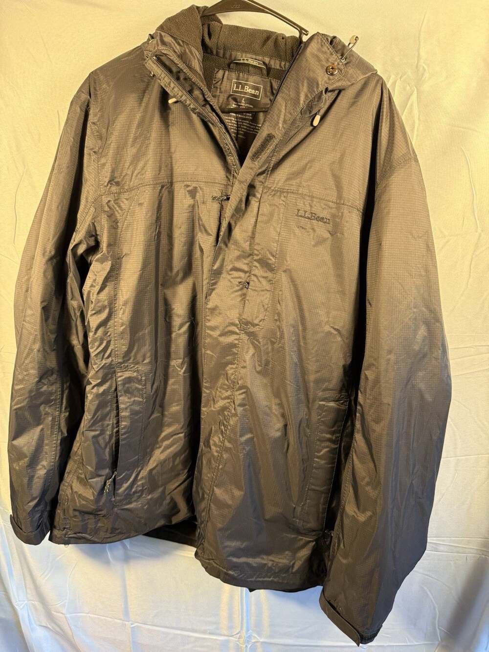 LL Bean Mens Large Tall Gray/Black Fleece Lined Hooded Ripstop Jacket Coat